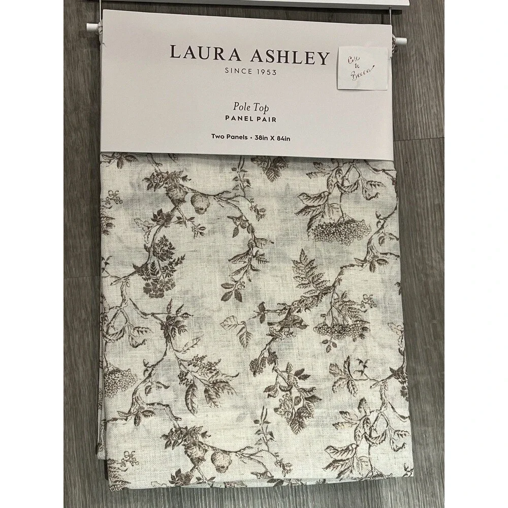 Laura Ashley Window Curtains 2 Panels 38 x 84 Beige Brown Sheer Elderwood Linen